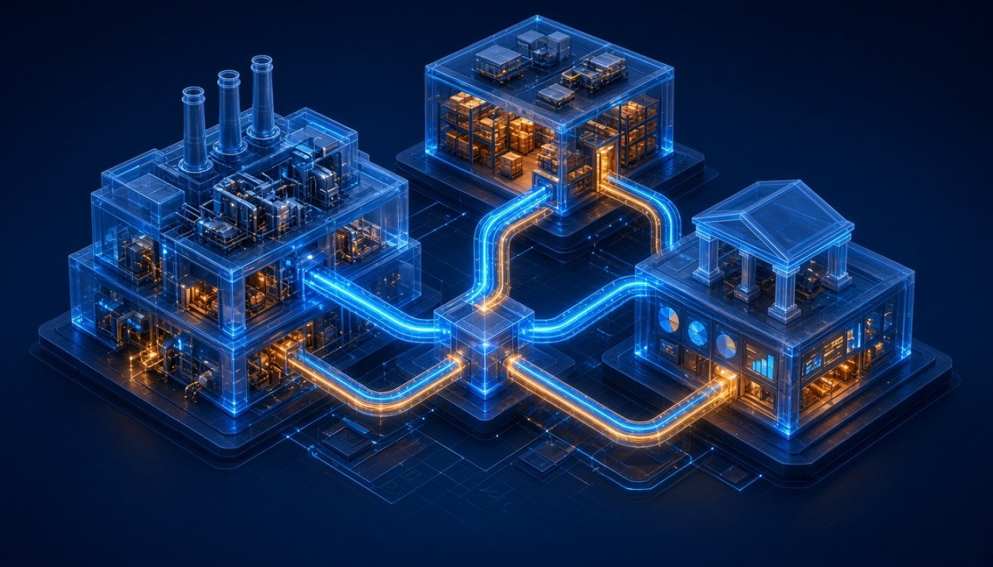 Illustrated factory, warehouse and finance blocks linked as one ERP system in Pakistan