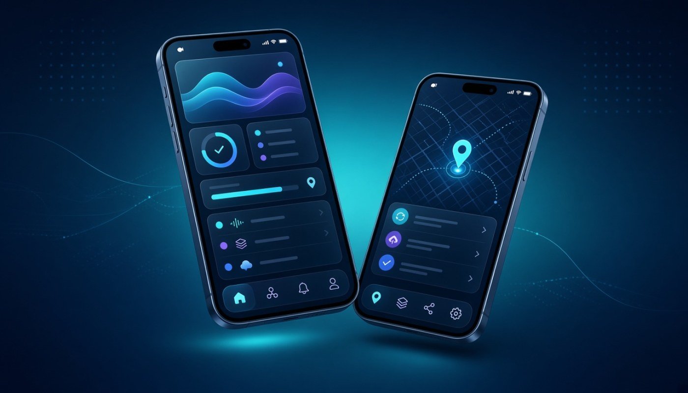 Two smartphones showing a Flutter app interface on a teal background