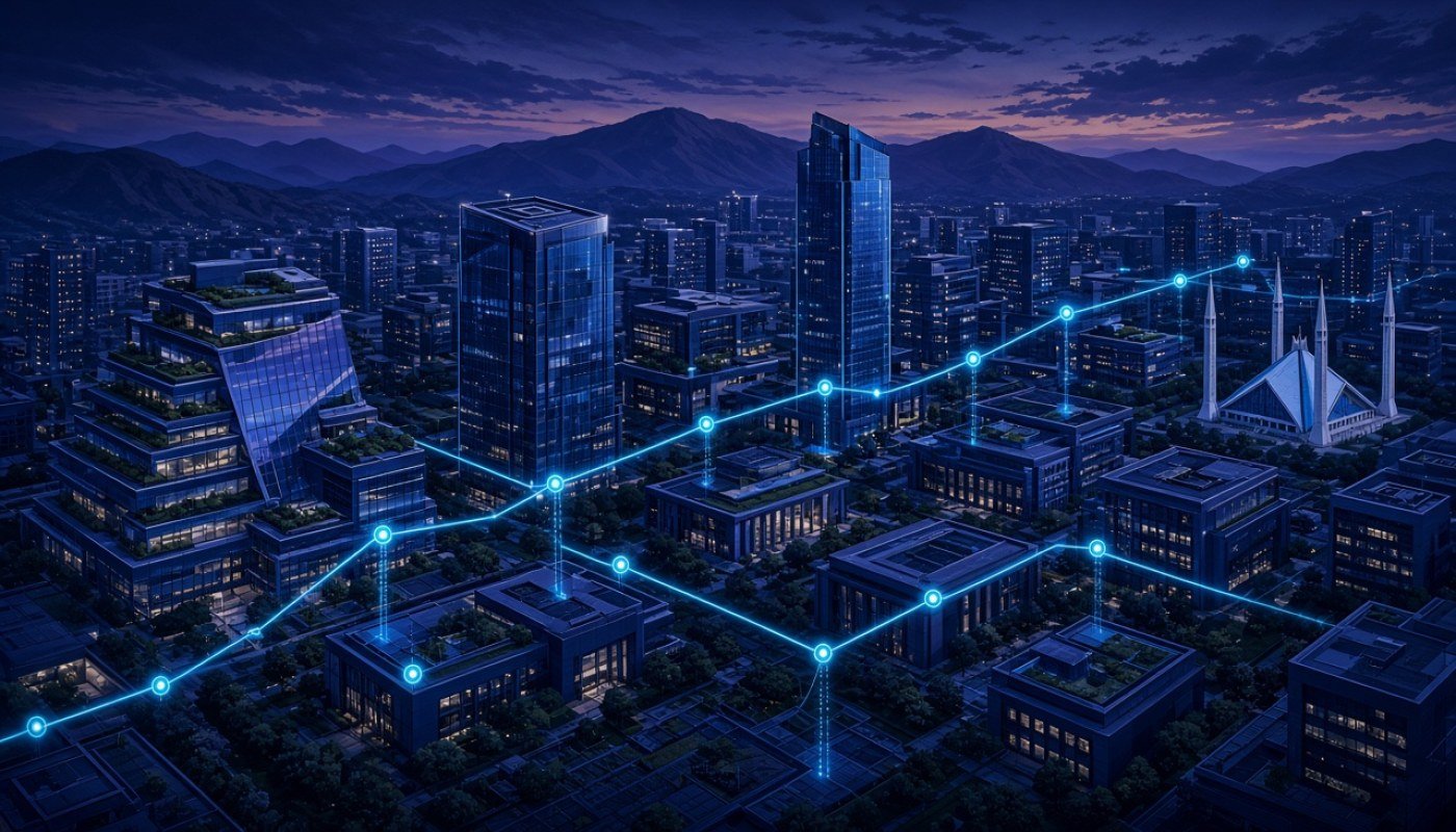 Illustrated city skyline with connected software nodes, for hiring a custom software company in Islamabad